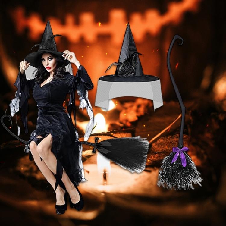 Halloween Witch Cosplay Set Witch Broomstick Witch Hats Pointed Witch Hats Flying Broomstick for Theme Party