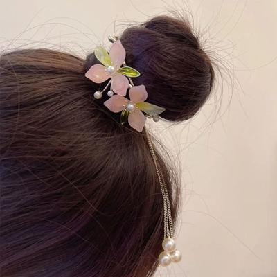 Pearl Flower Ponytail Holder Tassel Hanfu Headwear Sweet Flower Horsetail Buckle  Holiday