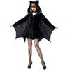 Damen Halloween Schwarzes Fledermaus Cosplay Kleid mit Kapuze und Fledermausflügeln Kostüm