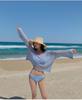 Textured Wave Stripe Small Black Bust-Gathering Three-Piece Bikini Set - Sexy Blue Women's Swimsuit for Pool and Beach.