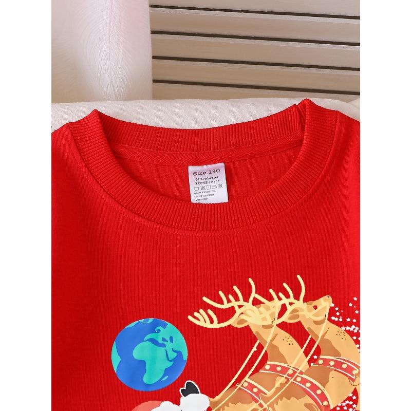 European sizes Santa Claus Reindeer Sleigh Christmas Stars Globe Girls' Crew Neck Sweatshirt, Autumn Winter Western Top.