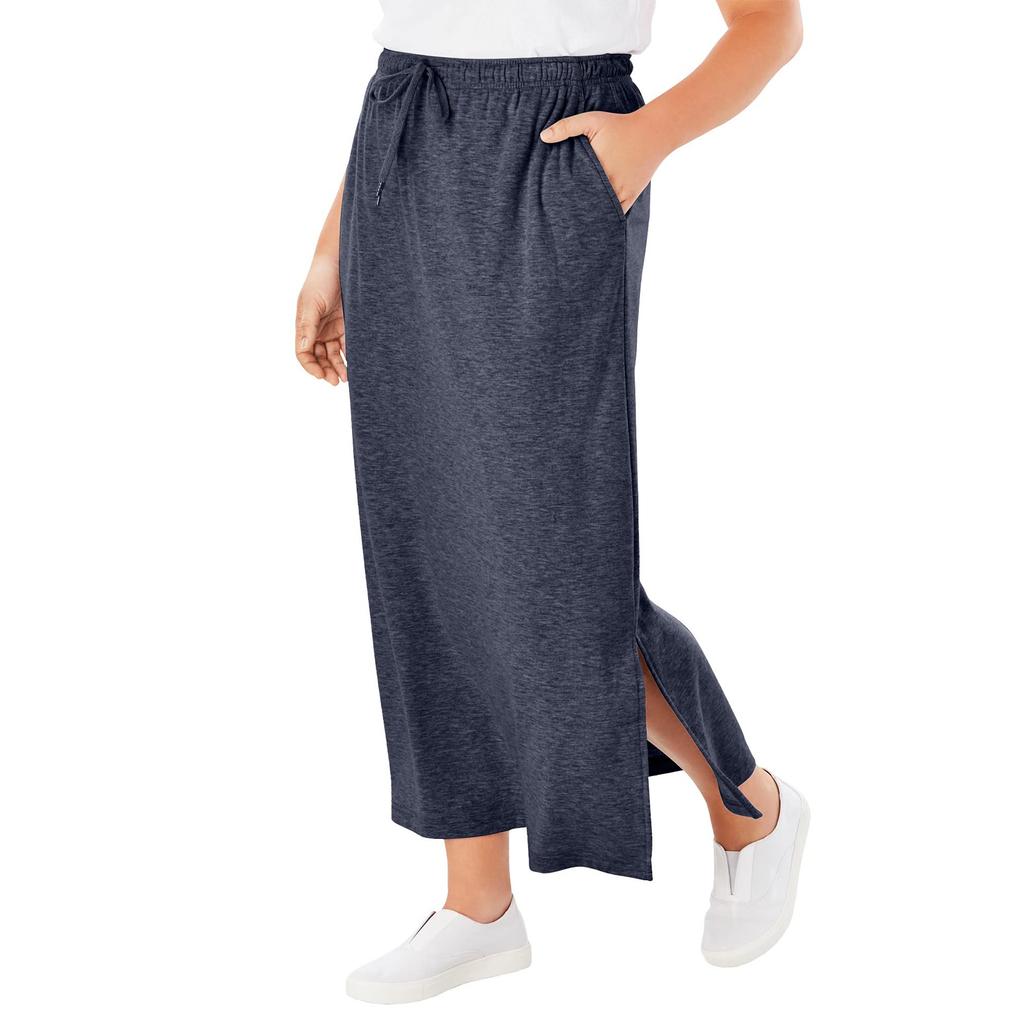 Womens Casual Maxi Skirts High Waist Trendy Drawstring Side Slit Skirts With Pockets