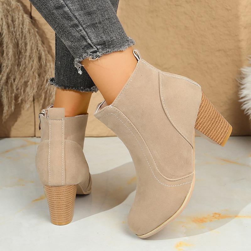 Autumn and Winter New Round Toe Solid Color High Heel Short Tube Side Zipper Fashion Boots Women