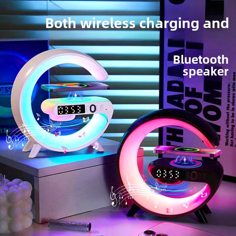 Modern 3-in-1 Wireless Charging Dock with Bluetooth Speaker, Alarm Clock, and LED Moon Lamp
