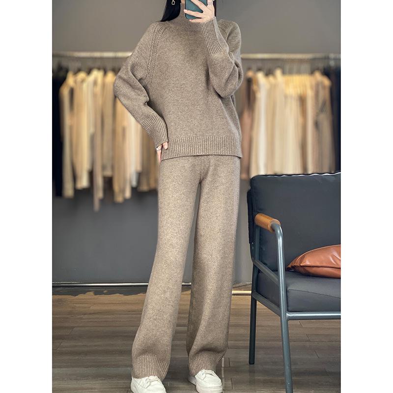 2025 Autumn/Winter High Neck Wool Knitwear & Wide Leg Pants Set