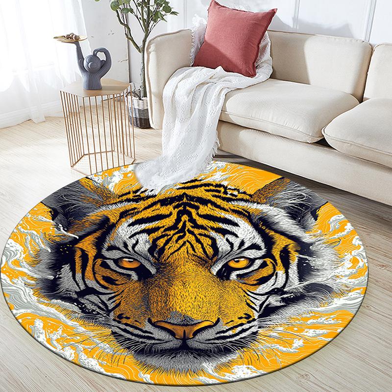 Golden Tiger Round Area Rug,Carpet Rug for Living Room Bedroom Sofa Playroom Decor,Non-slip Floor Mat