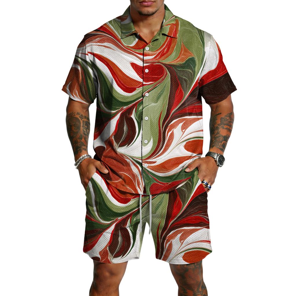 Men’s Short Sleeve Button Down Shirt and Shorts Set Abstract Swirl Print Lightweight Two Piece Outfit for Summer Beachwear