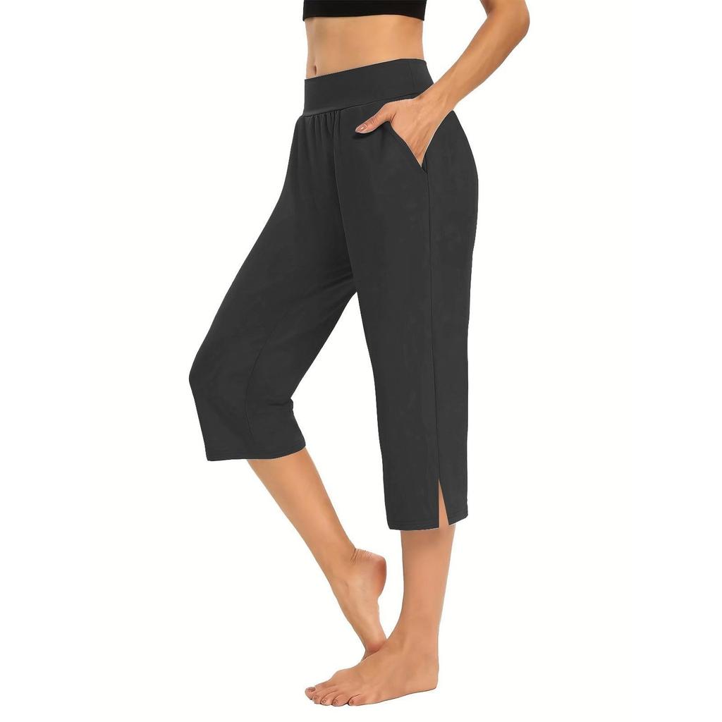 Women  Elastic High Waist 3/4 Pant Casual Active  Fit Wide Capris Leg Pants Trousers With Pockets
