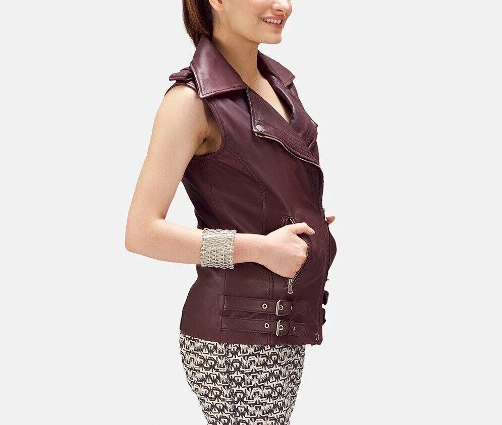 Handmade Burgundy Waistcoat Women Vest Coat Western Classic Button 100% Lambskin Leather