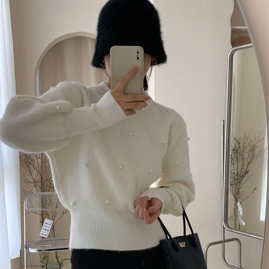 Womens Solid Round Neck Beaded Knit Sweater Loose Fit Cozy Pullover Top