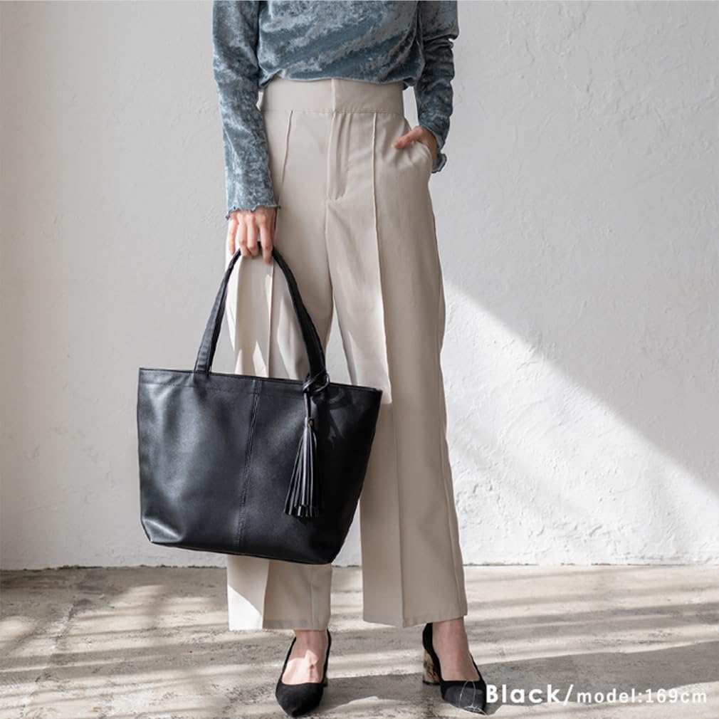 Gratante Big Tote Bag with Tassel, Women's Commuter Bag, Abb-g0003 (Black)