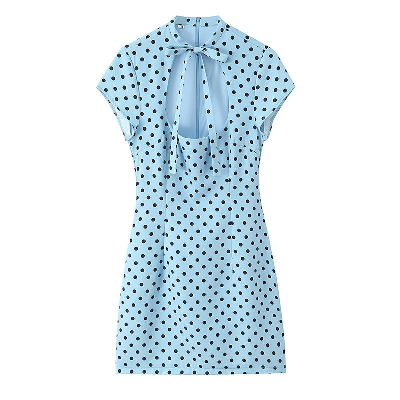 Vintage Polka Dot Dress Women 2026 Summer Hollow Out Stand Neck Short Sleeve Mini Dresses Lady New Sexy Slim Party Vestidos