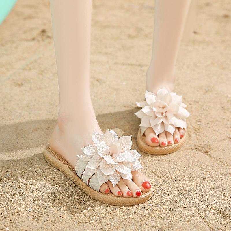 New big flower summer slippers students wear wear wear-resistant flat sandals home cute beach shoes