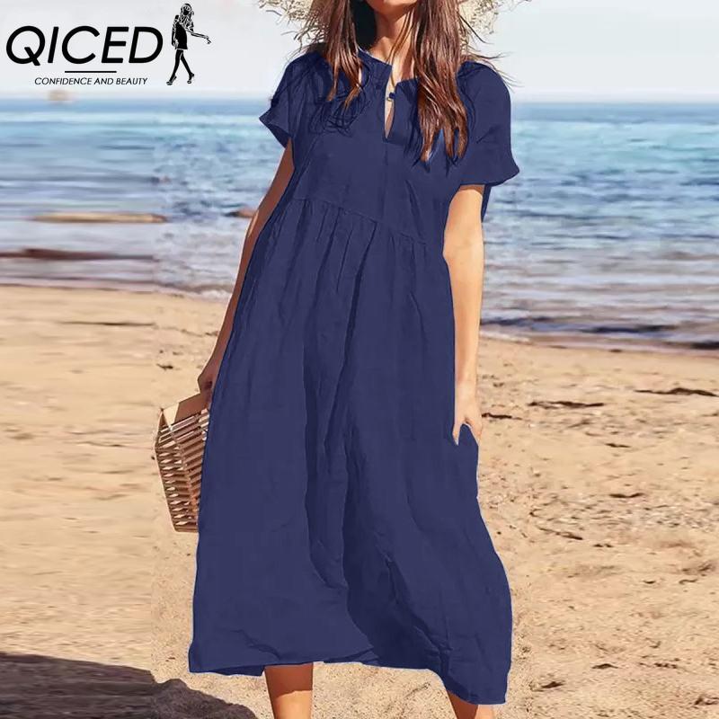 QICED Women's Fashion Summer Spring Solid Color Print High Waist Casual Dresses