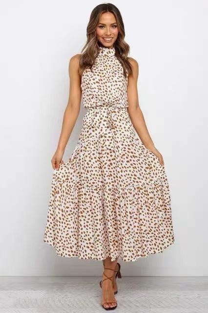 Women's long dress popular new neck polka dot printing lace-up dress