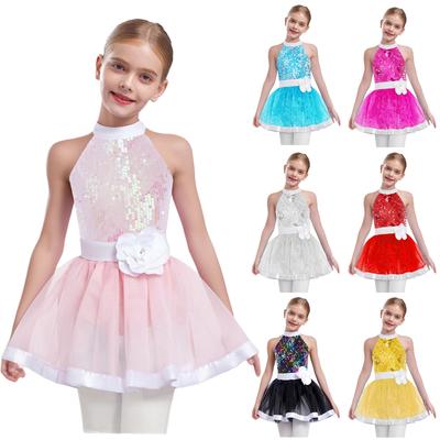 Girls Shiny Sequins Layered Tulle Ballet Dance Dress Sleeveless Cutout Back Tutu Dress Built In Briefs Performance Gown