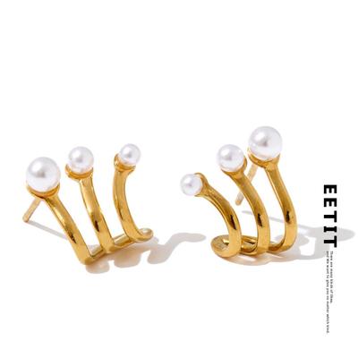 Stylish Unique Chic Imitation Pearls Geometric Korean Earrings Daily Stainless Steel Fashion Small Ear Jewelry Exquisite
