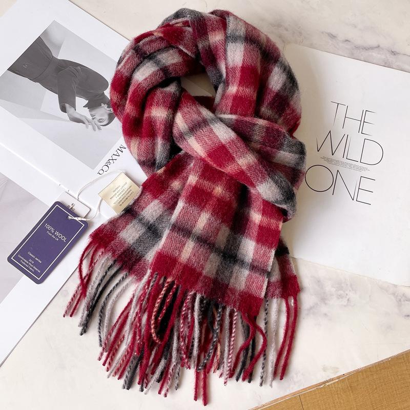 Green Pure Wool Plaid Thickened Warm Scarf Men's and Women's New Winter Couple Scarf Advanced Sense
