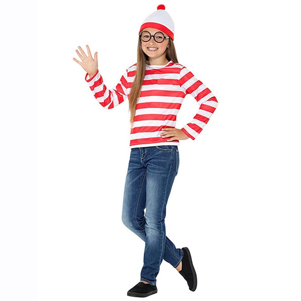 [DECEED] Halloween Cosplay Wally Costume, Where's Wally Outfit for Kids, Long Sleeves, Striped 3-Piece Set (Size S)