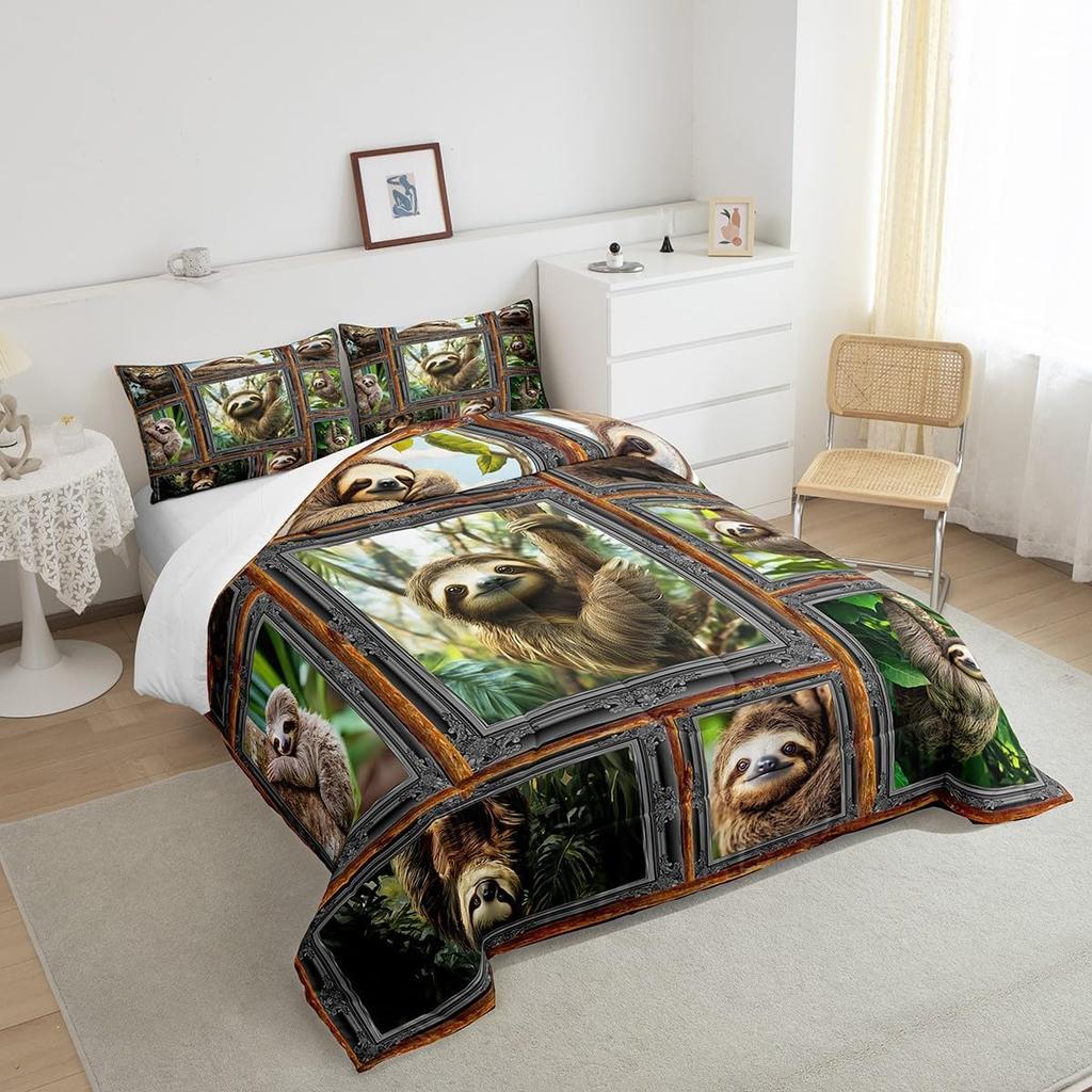 Sloth Bedding Set Cute Animal Pattern Comforter for Kids Women Men 3D Sloth Comforter Set Brown Farmhouse Style Room Decor Queen
