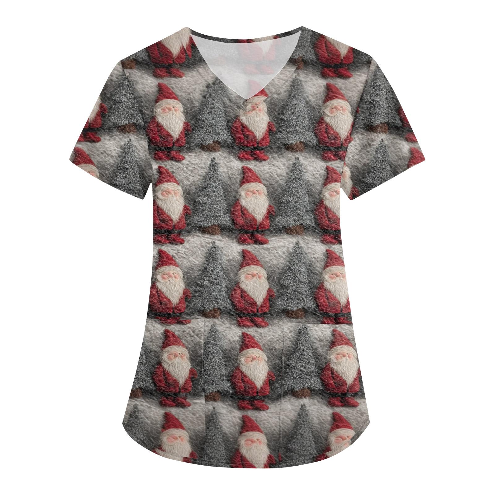 

Женская свободная униформа с V-образным вырезом, короткими рукавами и рождественским принтом L