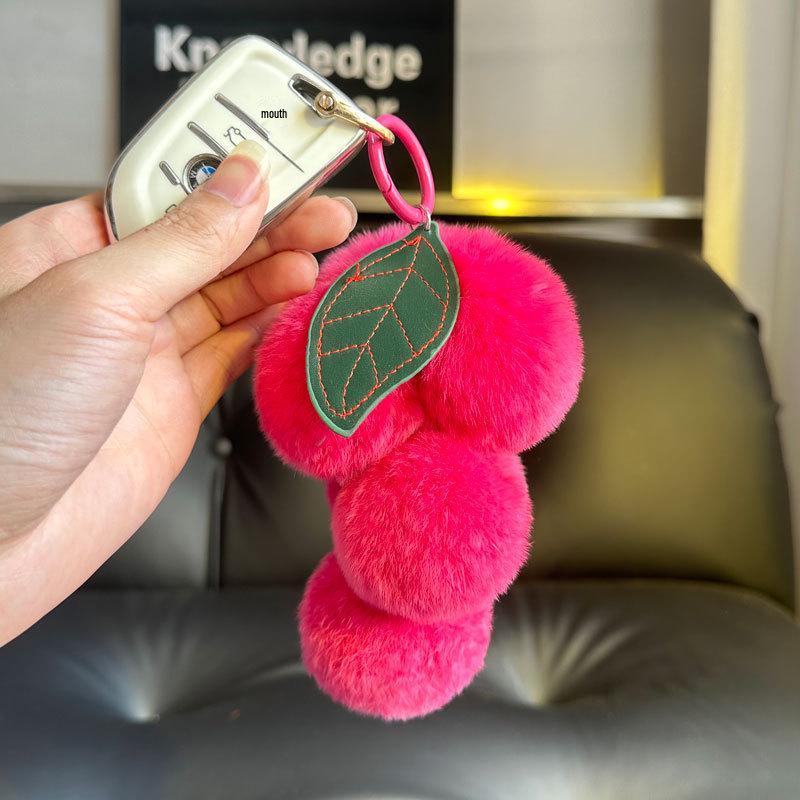 Real Rex Rabbit Fur Grape Keychain & Bag Charm - Cute Pendant Pompon