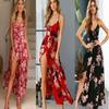 2025 Spring/Summer European & American Print Slit Slimming Sling Low-Cut Maxi Dress