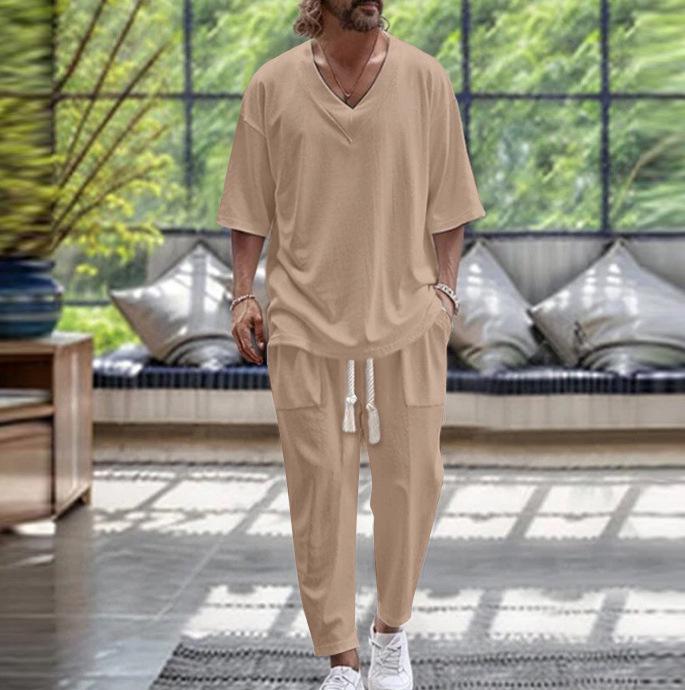 Men's Cotton Linen V-Neck T-Shirt & Long Pants Beach Set - Spring/Autumn Casual Wear