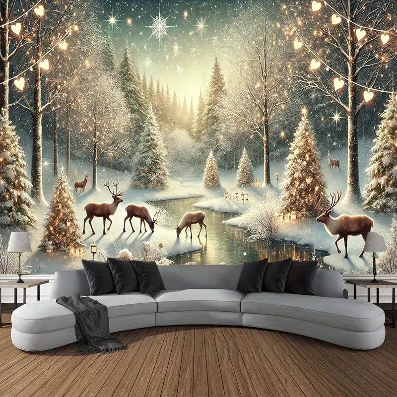 2D Snowy Winter Forest Backdrop, Christmas Reindeer Tapestry 47.2x31.5inch/120*80cm
