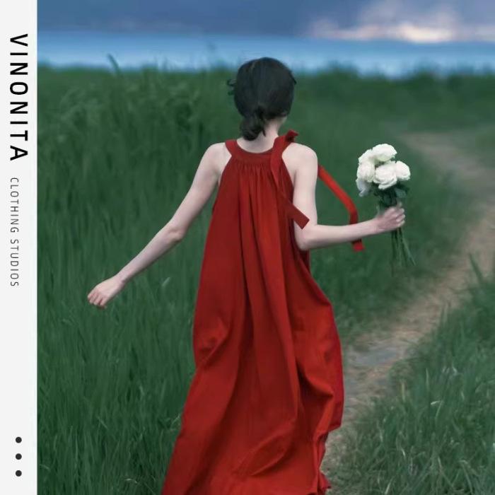 

[Original size] Holiday wind neck red dress women s summer Sanya, Yunnan seaside vacation atmosphere S красный