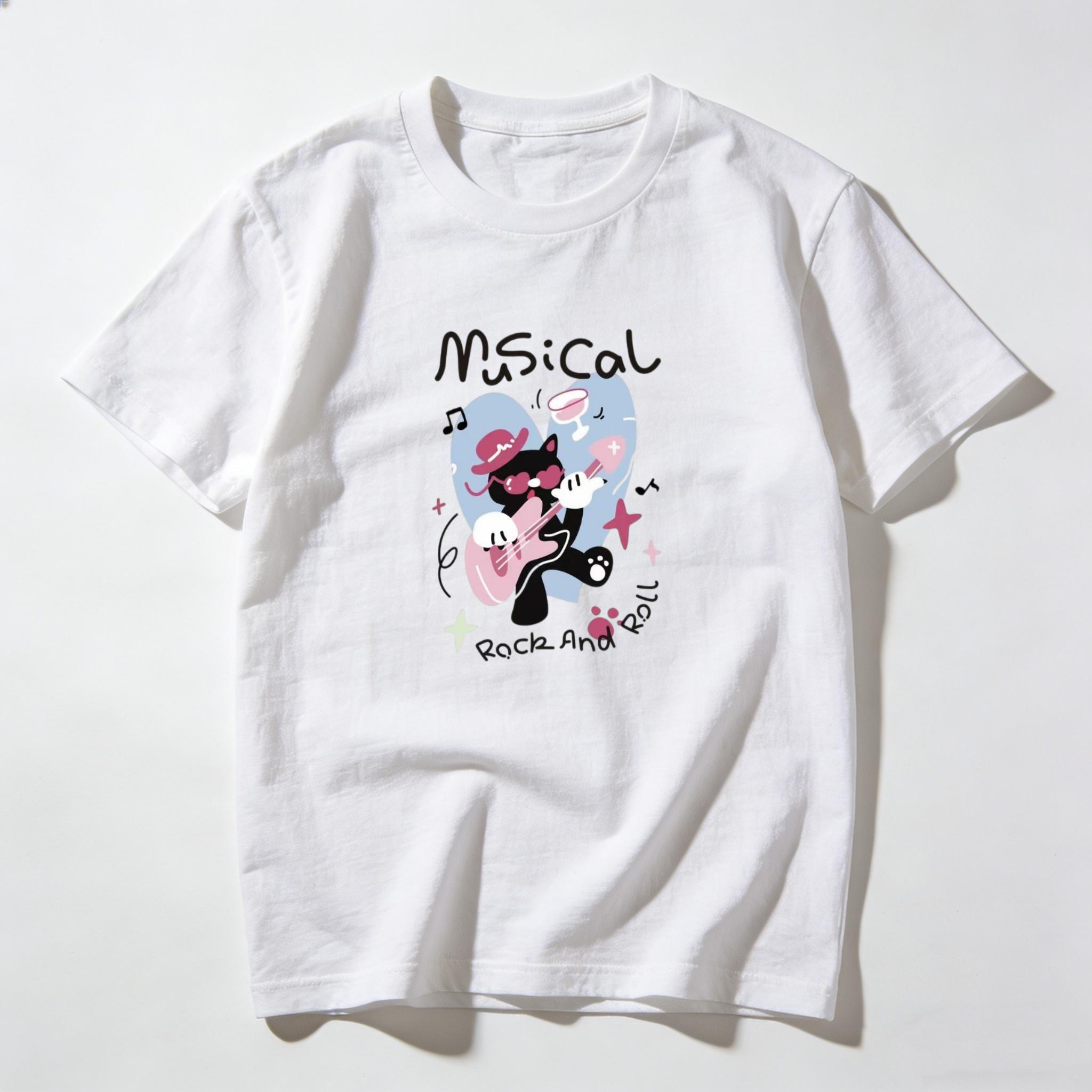 Adult and Children Rock Little Black Cat Sweet Cool Style Guitar Cat 3D Printed Shortsleeve Tshirt Versatile Couple Top S