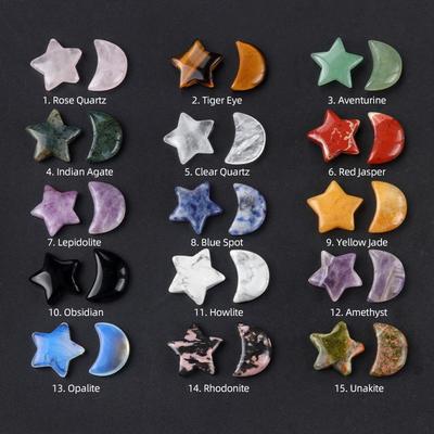 2 ks/sada Mini hvězda Měsíční kameny Crystal Worry Stone Ornament Dekorativní, přírodní kamenné kameny pro čarodějnické řemeslo DIY Meditace Reiki Balancing Decor
