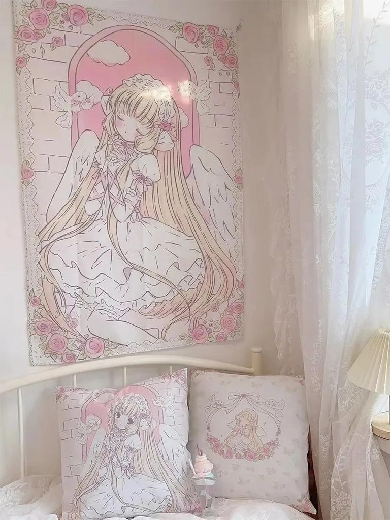 Angelic Anime Girl Tapestry Pink Rose  Wing Print Polyester Wall Hanging Sweet Lolita Themed Home Decor for Bedroom  Dorm
