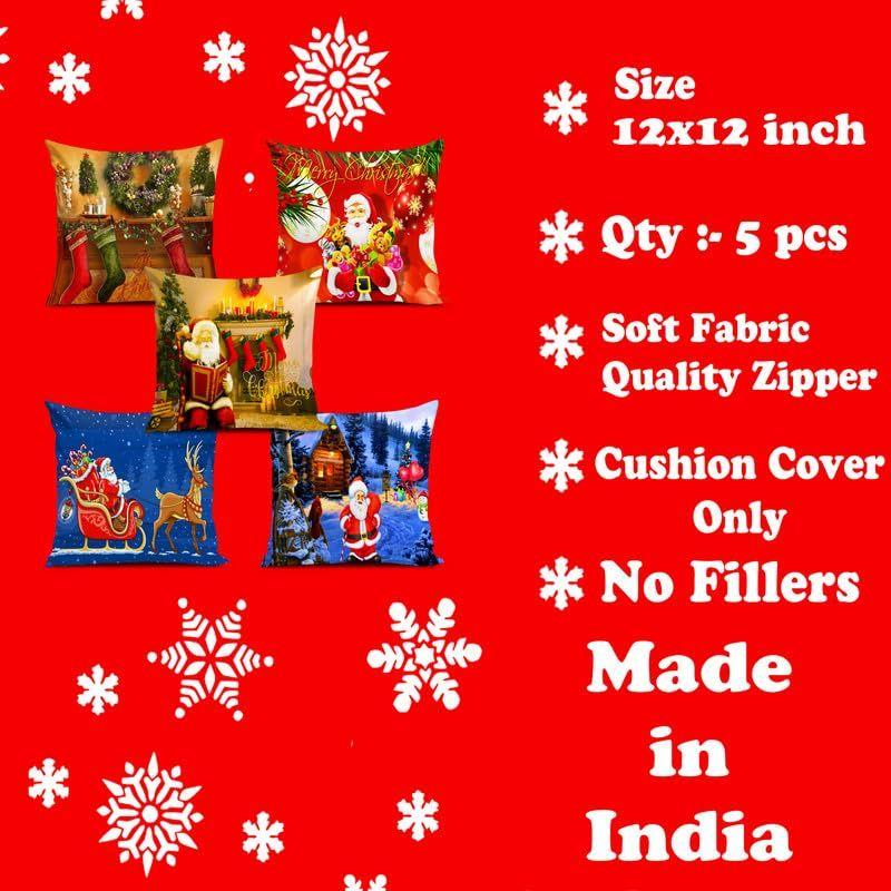 Decorative Printed Merry Christmas Theme Cushion Cover Xmas Decorations for Sofa Living Room Set of 5 12 X 12 Inch Multi