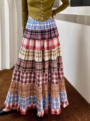 Plaid Splicing Rock Damen Sommer New Design Sense Retro Hoch taillierter A-förmiger Pendel Langer Regenschirmrock