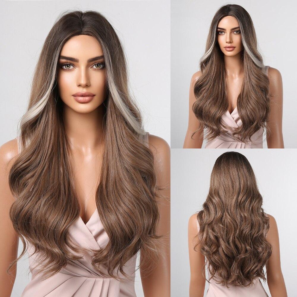 HAIRCUBE Long Wavy Middle Part Synthetic Wigs for Black Women Black Brown Heat Resistant Fake Hair Wig Daily Cosplay Party