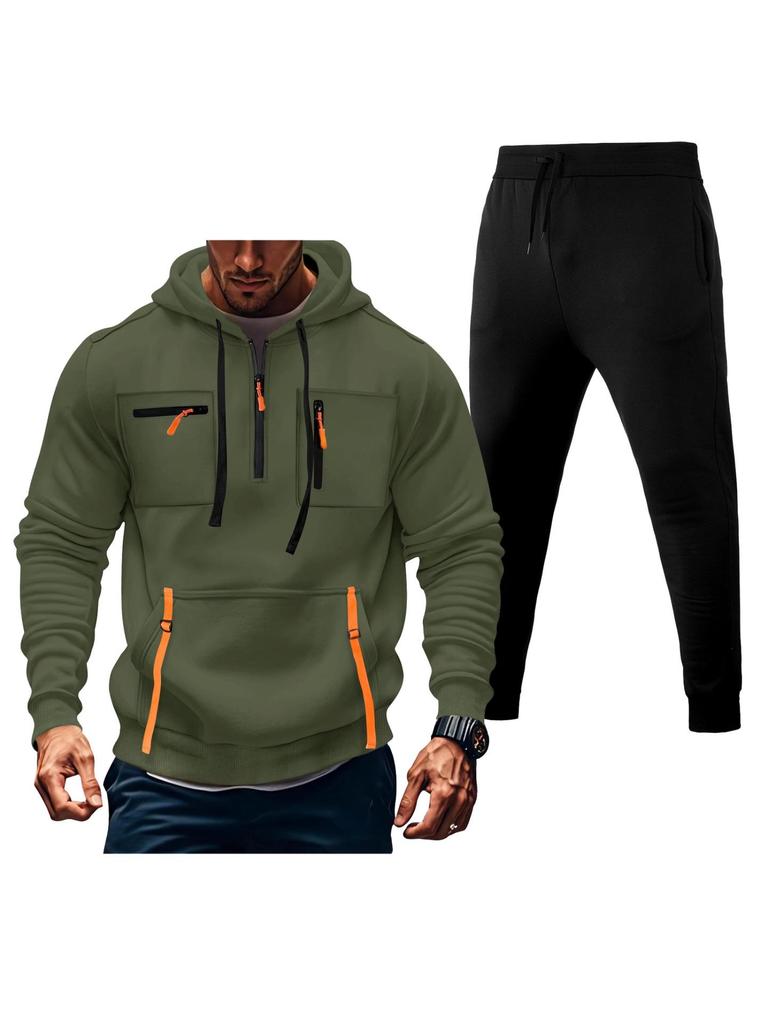 Men's Multi-Zipper Hoodie Sweatshirt & Sweatpants Set with Pockets
