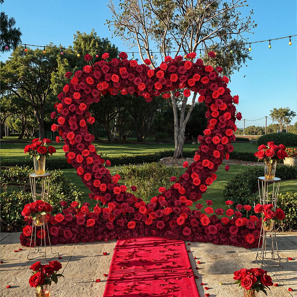 Uflower Heart-Shaped Frame Arch Wedding Backdrop Luxury Red Rose Floral Arrangement Decor with Cloth Base for Special Occasions