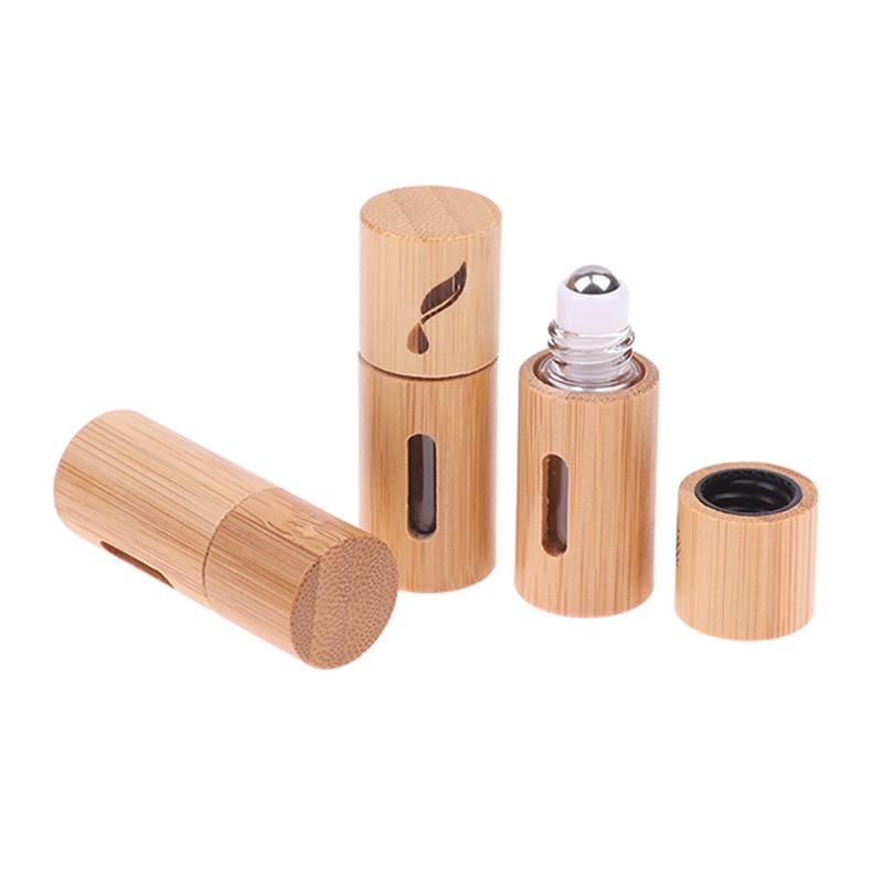 1Pc 3 mL Bamboo Wood Perfume Bottle – Refillable Stainless Steel Roll-On Applicator for Essential Oils and Aromatherapy