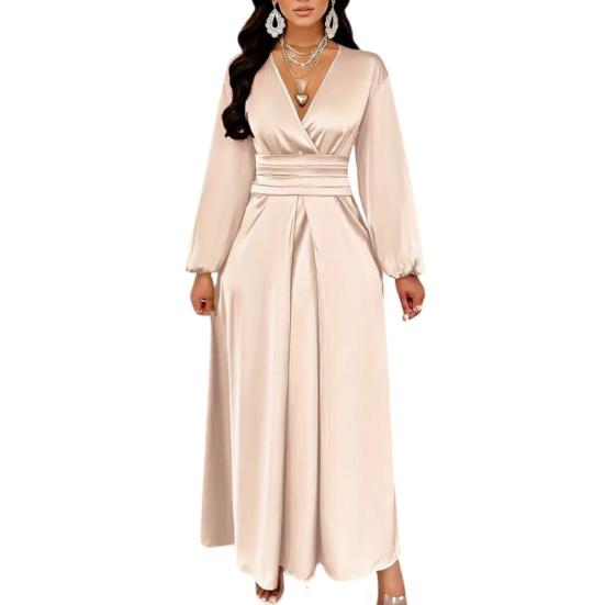 Women Summer Satin V-Neck Dress Elegant Long Gown with Puff Sleeves & Cinched Waist