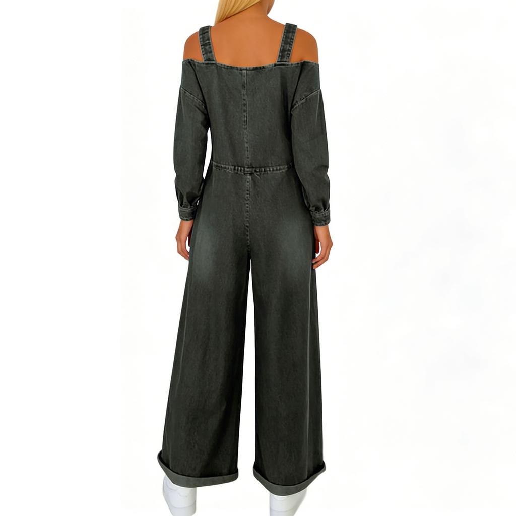 Ladies' Casual Denim Printed Long Sleeved Loose Pocket Jumpsuit