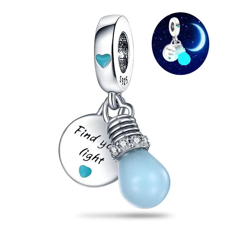 925 Sterling Silver Charm Pendant with Light Bulb Design and Engraved Round Tag Find Your Light Inspirational Jewelry Accessory for Bracelets