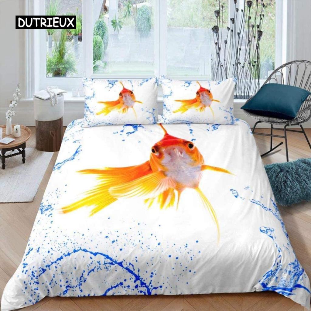 Goldfish Duvet Cover Set Ocean Life Comforter Cover Wave Splash Bedding Set Polyester Abstract Art Single Queen King Quilt Cover