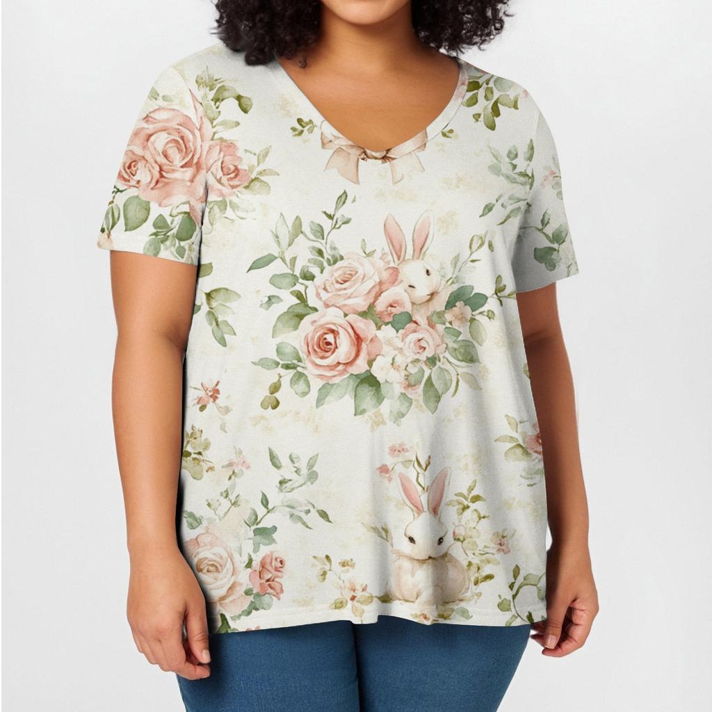 Women's Fashion Casual V-Neck Pullover Short Sleeve Large Size Easter Printed Top