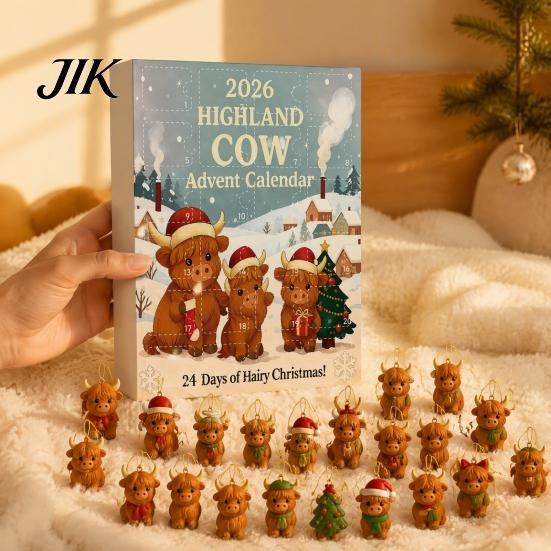 Christmas Tree Decorations Highland Cow Advent Calendar with 24 Acrylic Ornaments, Festive Countdown Party Supplies Box for Holiday Hanging Decor And