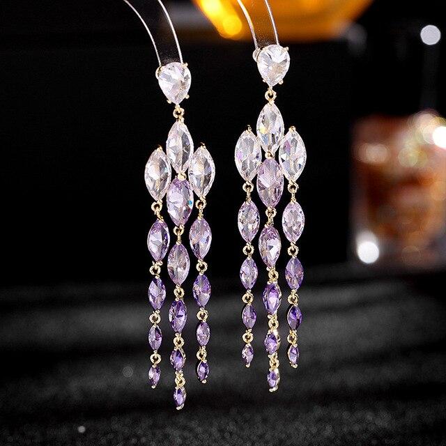 

Новинка 2022, массивные висячие серьги с кисточками и кристаллами для дам, милые длинные серьги с фианитом, роскошные ювелирные изделия фиолетовый