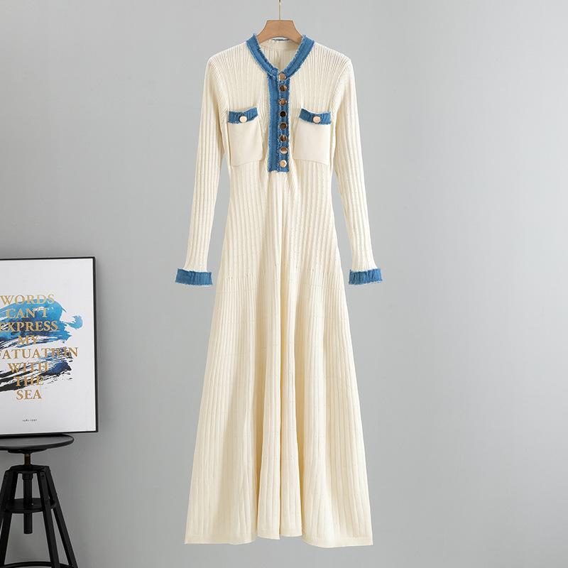 Women's Spring Long Sleeve Sweater Dress Fall Button Ribbed Knit Pleated Dresses Color Block Knit A Line Slim Fit Elegant Maxi Dresses for Women