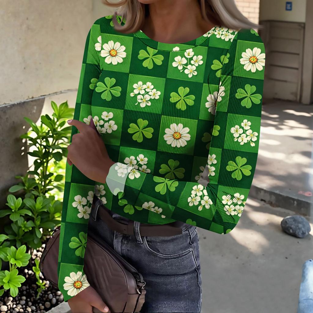 Women's And Winter Slim T-shirt Fashion Casual Printing Round Neck Pullover Long Sleeve Top