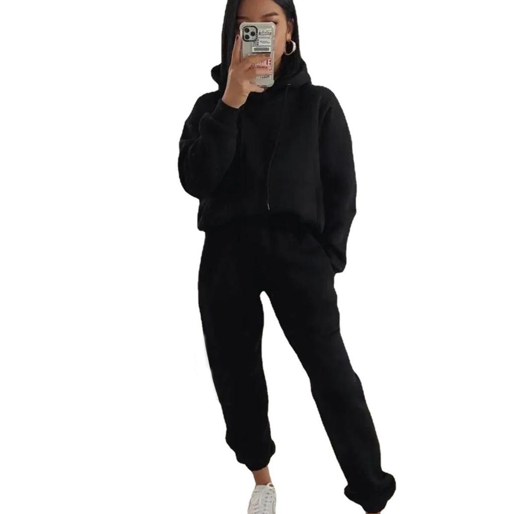 1116 Yama European and American popular casual hooded long-sleeved pocket sweater solid color sports suit two-piece set