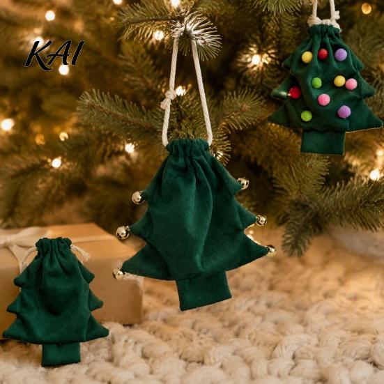Reusable Fabric Gift Wraps Christmas Tree Shaped Bag, Drawstring Treat Goody Bags with Pompoms Durable Polyester Sacks Bells, Winter Present Wrapping